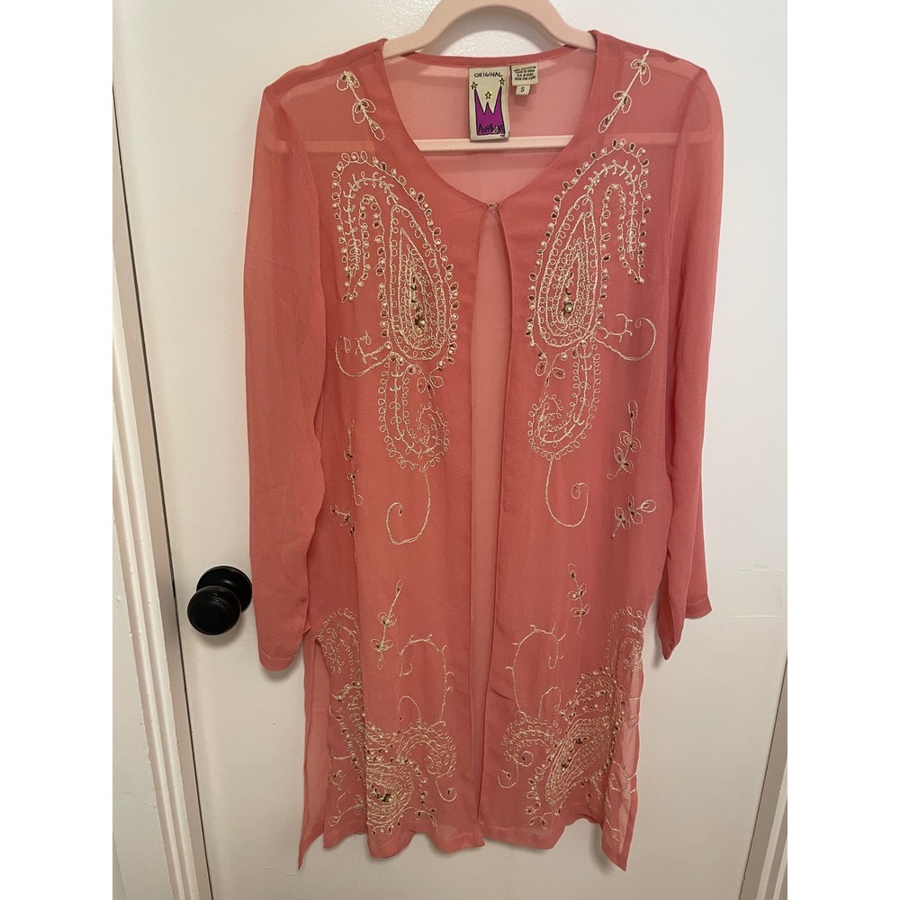 Vintage‎ Sheer Duster Beaded Embroidered Original Anthony Coral Pink S